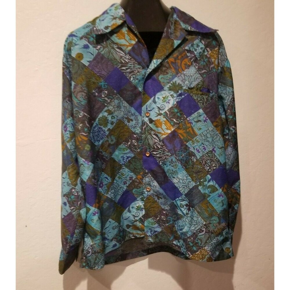 Liberty House Shirt Men's Button Front Long Sleeves Embroidered Patchwork Multi